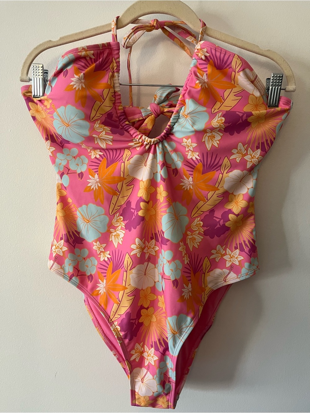 NWOT Pink Lily Pink Floral Halter One-Piece Swimsuit XL